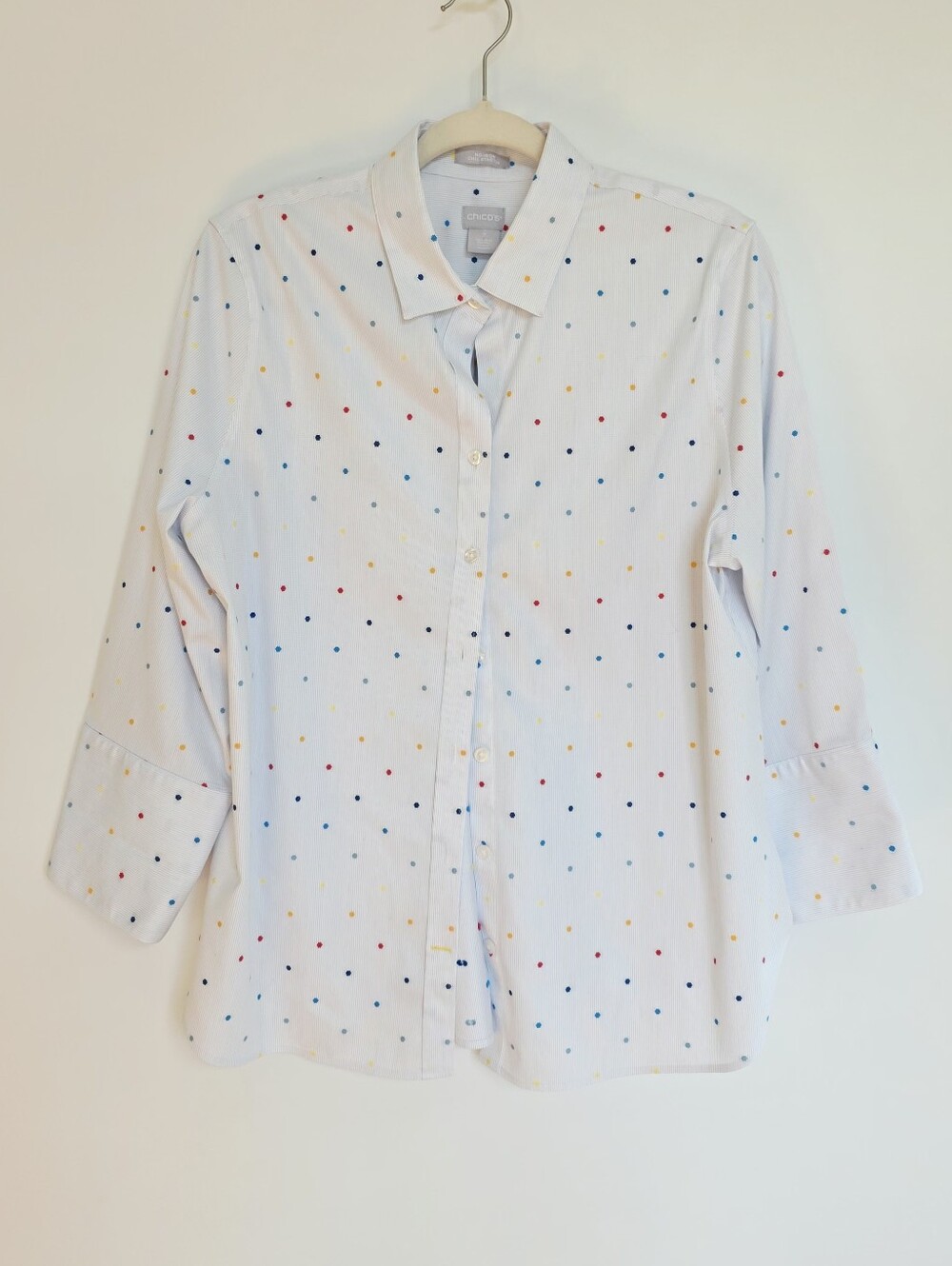 Chico's Non Iron Chic Stretch Thread Colorful Polka Dot Button Down Shirt Size 2